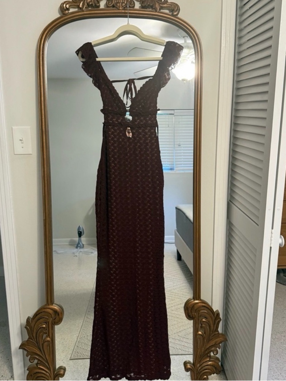 Meshki Chocolate Brown Crochet Maxi Dress with V-Neck & Tie Back